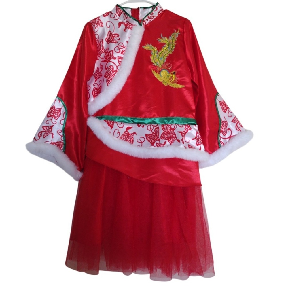 Chinese New Year  Dress Woman Medium Red Long Sleeve Faux‎ Fur Embroidered Mesh